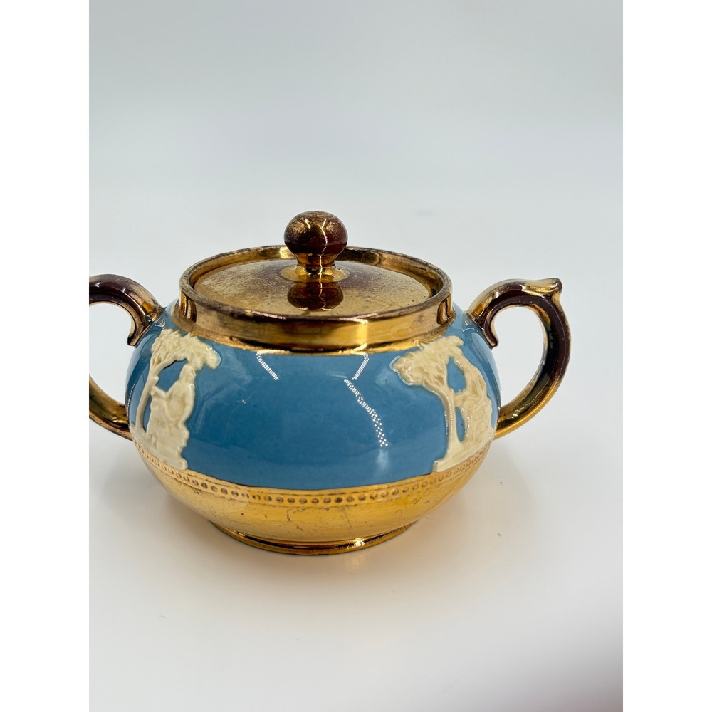 Vintage‎ Gibson Staffordshire England Blue Gold Lidded Sugar Bowl